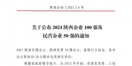 2021陕西100强企业、陕西民营50强企业及2012-2021连续十年入¤围陕西100强企业名单